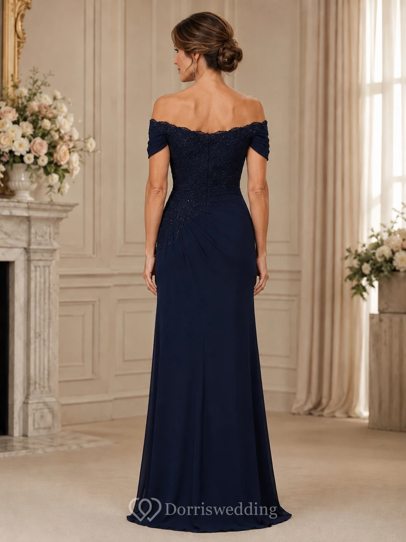 Dark Navy Off-the-Shoulder Ruched Formal Mother Gown view 2