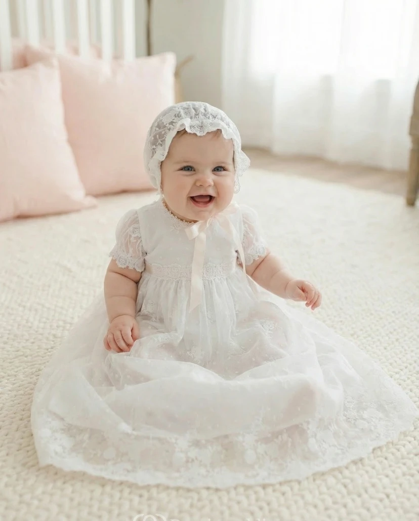 Vestido blanco de niña de las flores con gorro de encaje y falda de bautizo de tul.