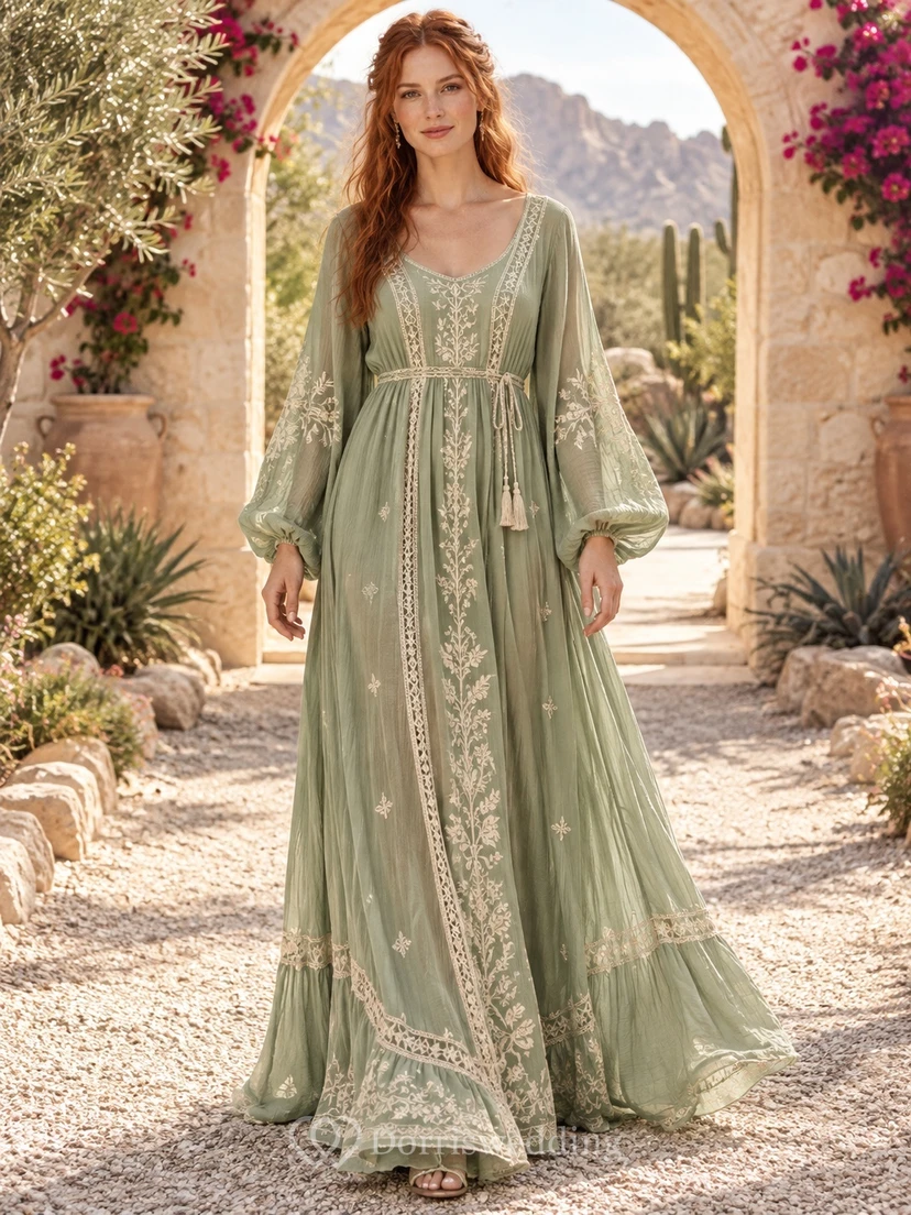 Boho Long Sleeve Sage Scoop Neck Lace Panel Kaftan Wedding Dress