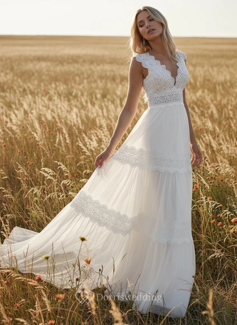 Whimsical Boho V-Neck Lace and Tulle Wedding Dress with Tiered Skirt view 3