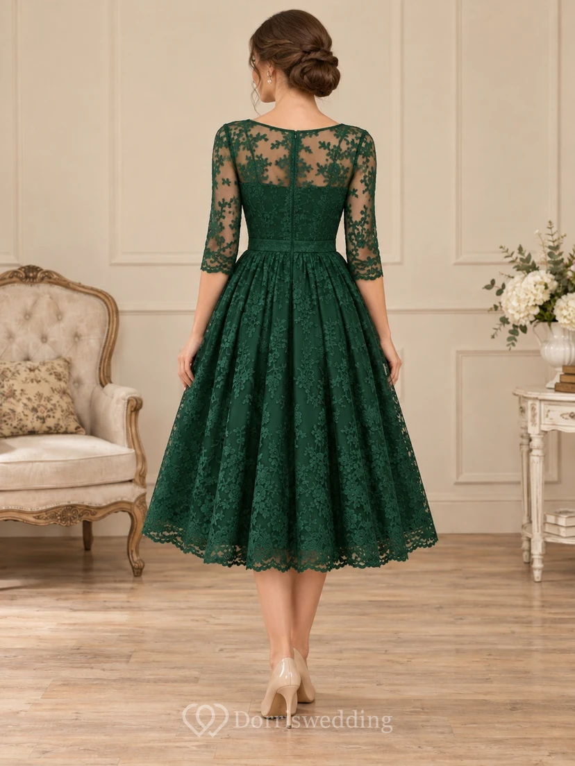 Robe de bal vintage verte mi-longue en dentelle, col rond, manches trois-quarts, col rond, manches trois-quarts view 2