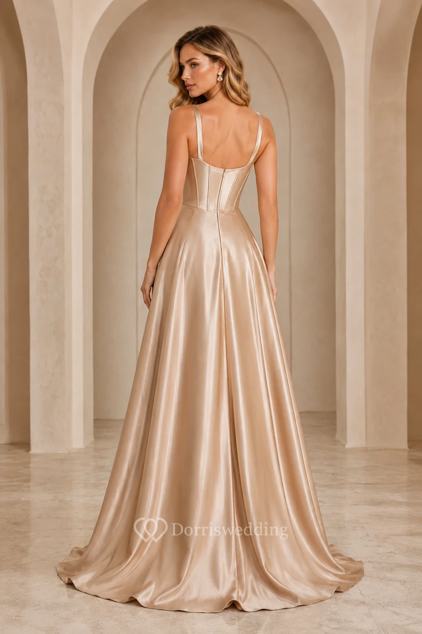 Abendkleid aus champagnerfarbenem Satin, A-Linie, Spaghettiträger, bodenlang view 2