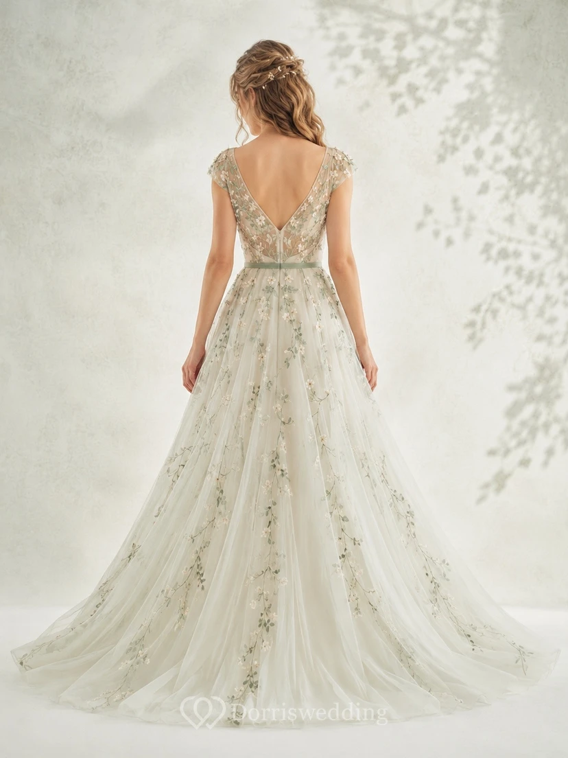Vestido de novia bohemio de corte A con cola larga, escote en V y mangas cortas, en tul floral color celadón. view 2