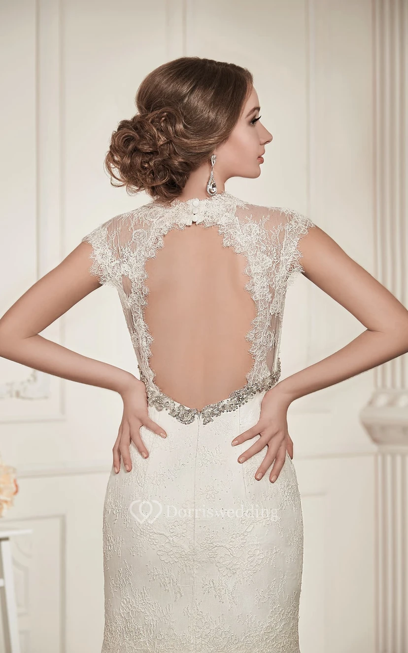 Sheath Maxi V-Neck Cap-Sleeve Keyhole Lace Dress With Beading view 4
