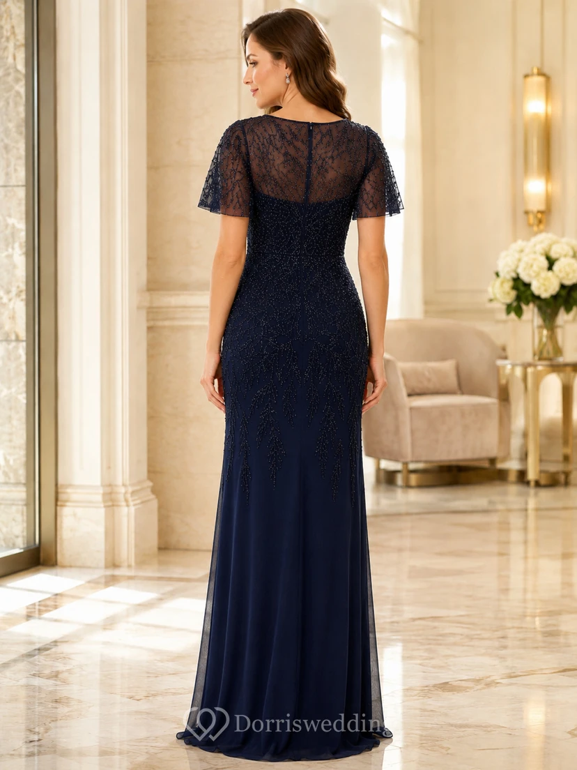 Elegantes, bodenlanges Meerjungfrauenkleid aus Illusionsspitze in Dunkelblau mit V-Ausschnitt und kurzen Ärmeln – luxuriös und elegant für formelle Anlässe. view 2