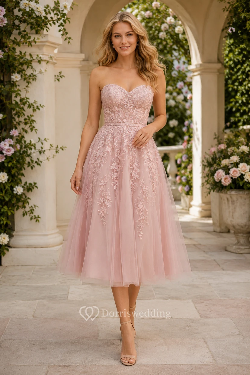Blushing Pink Tea-Length Tulle Dress with Strapless Bodice and Lace Applique