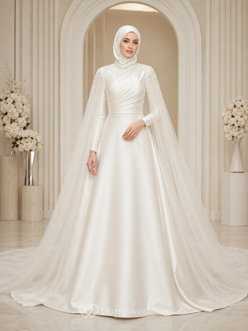 Vestido de novia sencillo musulmán de satén con cuello alto y capa tipo catedral, corte A.