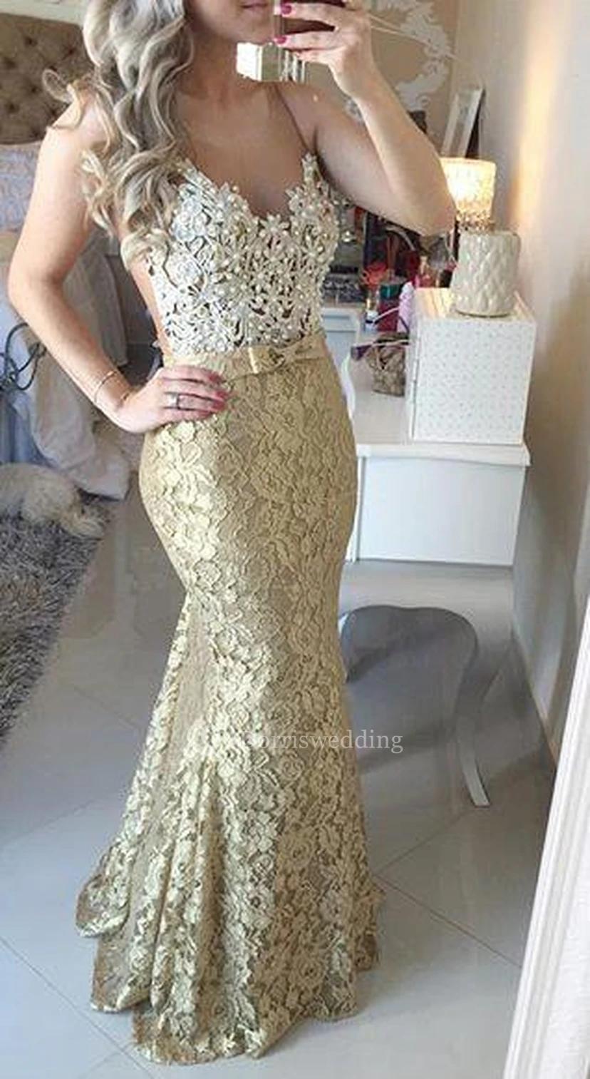 Modern Lace Appliques Mermaid Prom Dress Straps Sweep Train Bowknot