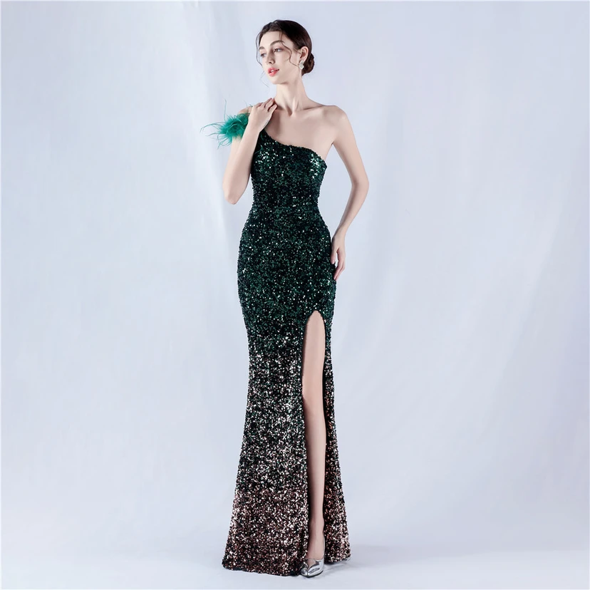 Gradient Velvet Bottom Sequins Craft Beading Ostrich Hair One-Shoulder Oblique Collar High-Slit Evening Dress view 57