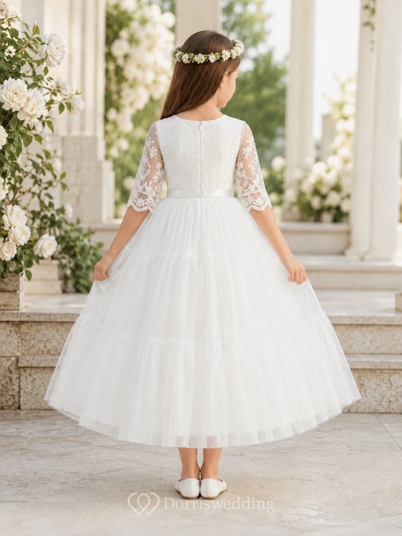 Weißes Kommunionskleid für Blumenmädchen mit Spitzen-Organza-Tüll, Rundhalsausschnitt, Dreiviertelärmeln, bestickten Ärmeln und Knöchellänge view 2