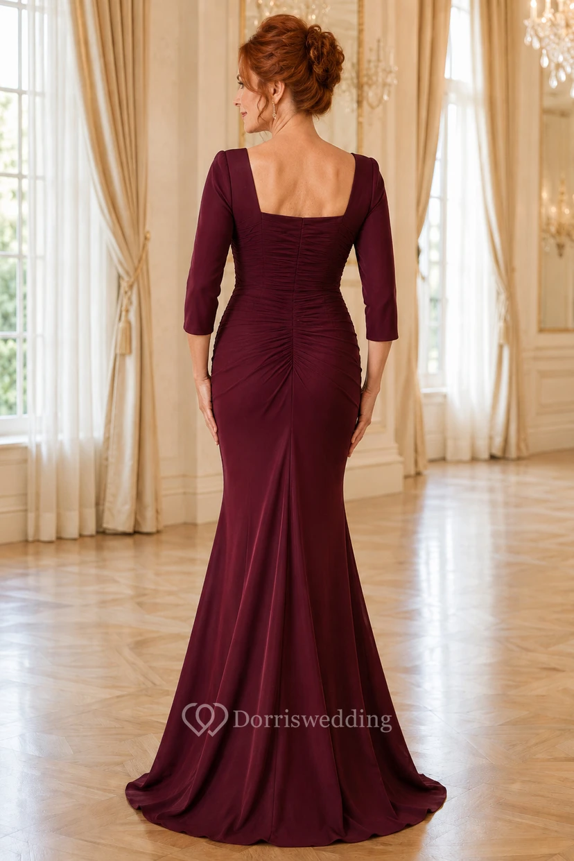 MOB-Kleid, burgunderrot, Stretch-Satin, Meerjungfrauenstil, 3/4-Ärmel, eckiger Ausschnitt, bodenlang, drapiert view 2