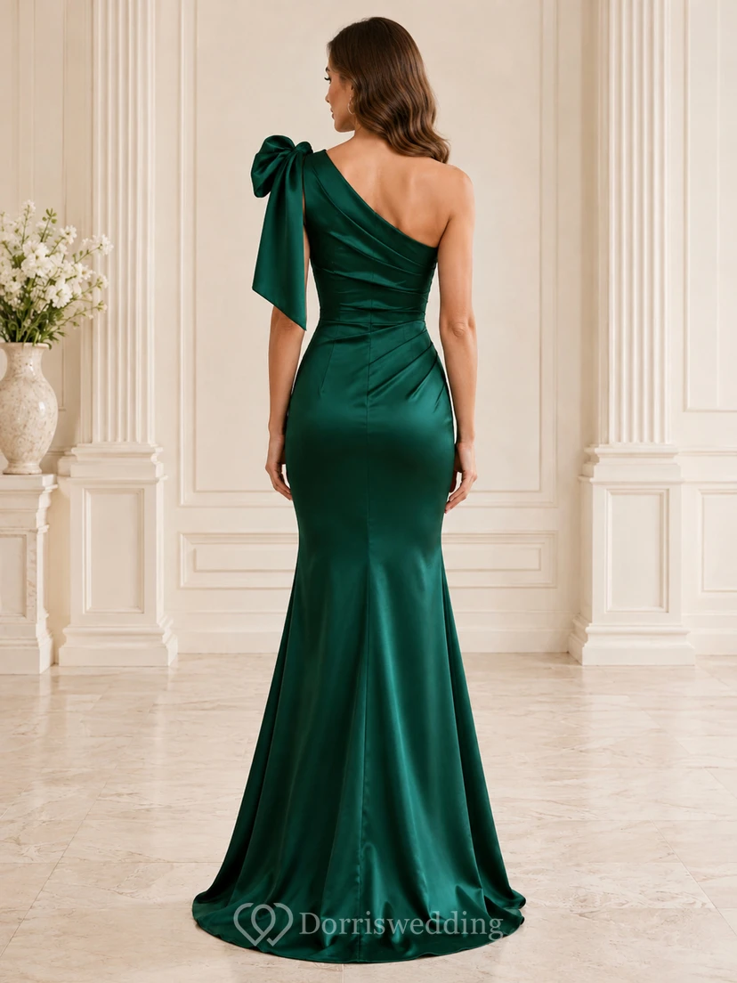 Dunkelgrünes, einseitig schulterfreies Meerjungfrauen-Abendkleid aus Satin mit Schleife view 2