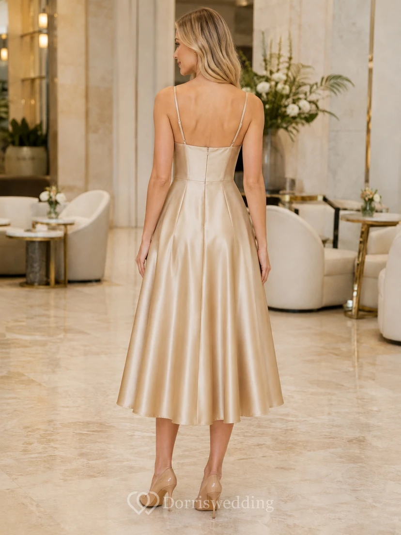 Champagne Satin Sweetheart Spaghetti Strap A-Line Tea Length Elegant Midi Dress view 2