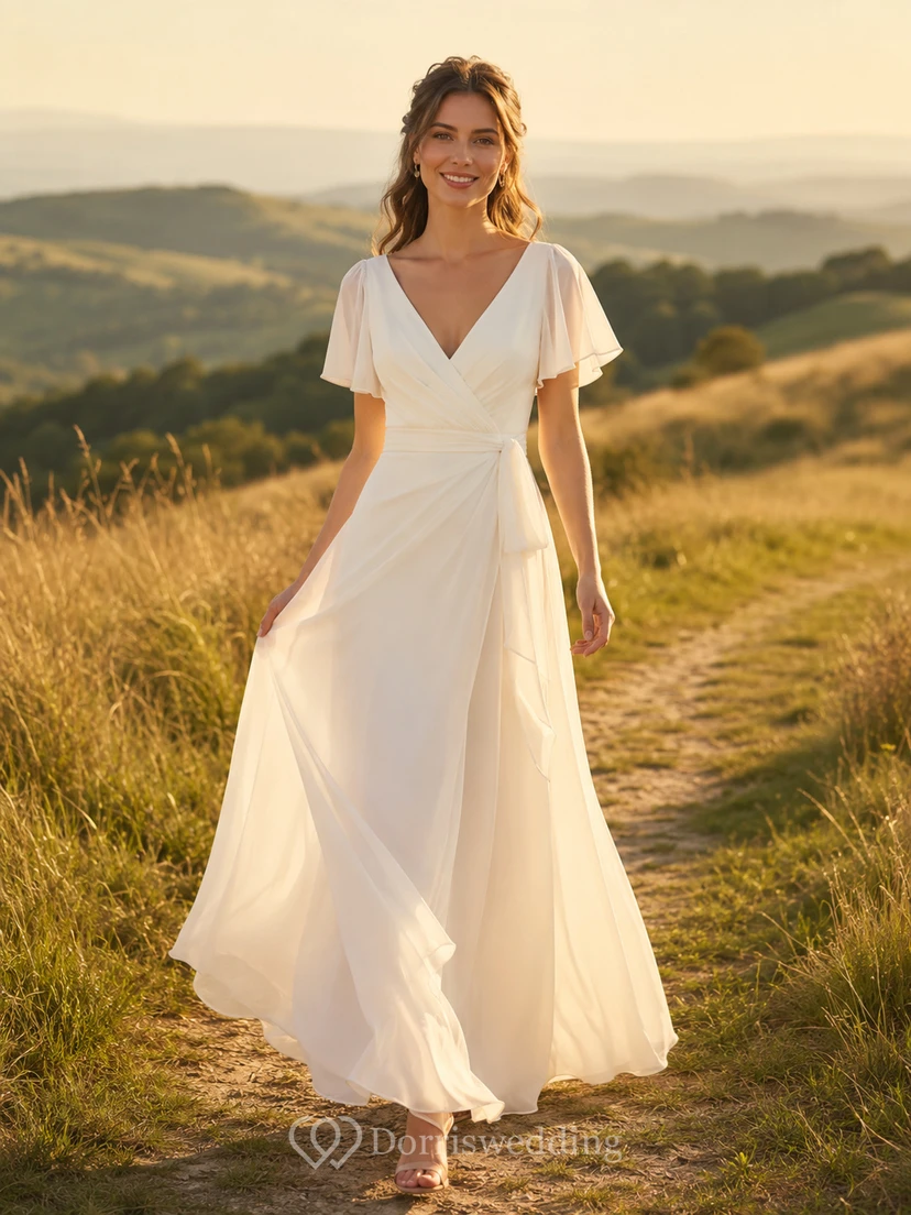 Robe de mariée en mousseline à manches papillon pour une escapade champêtre dans une prairie.