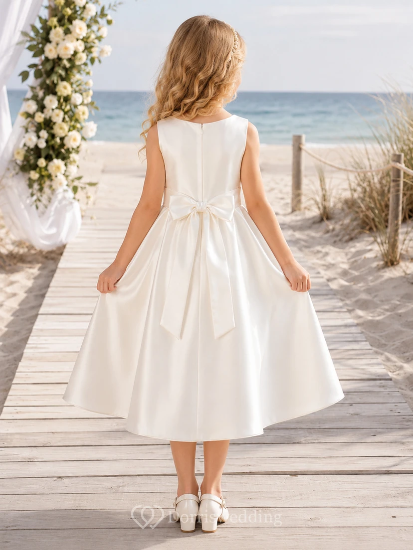 Robe de demoiselle d'honneur de plage en satin, longueur thé, coupe trapèze, avec nœud et corsage sans manches view 2