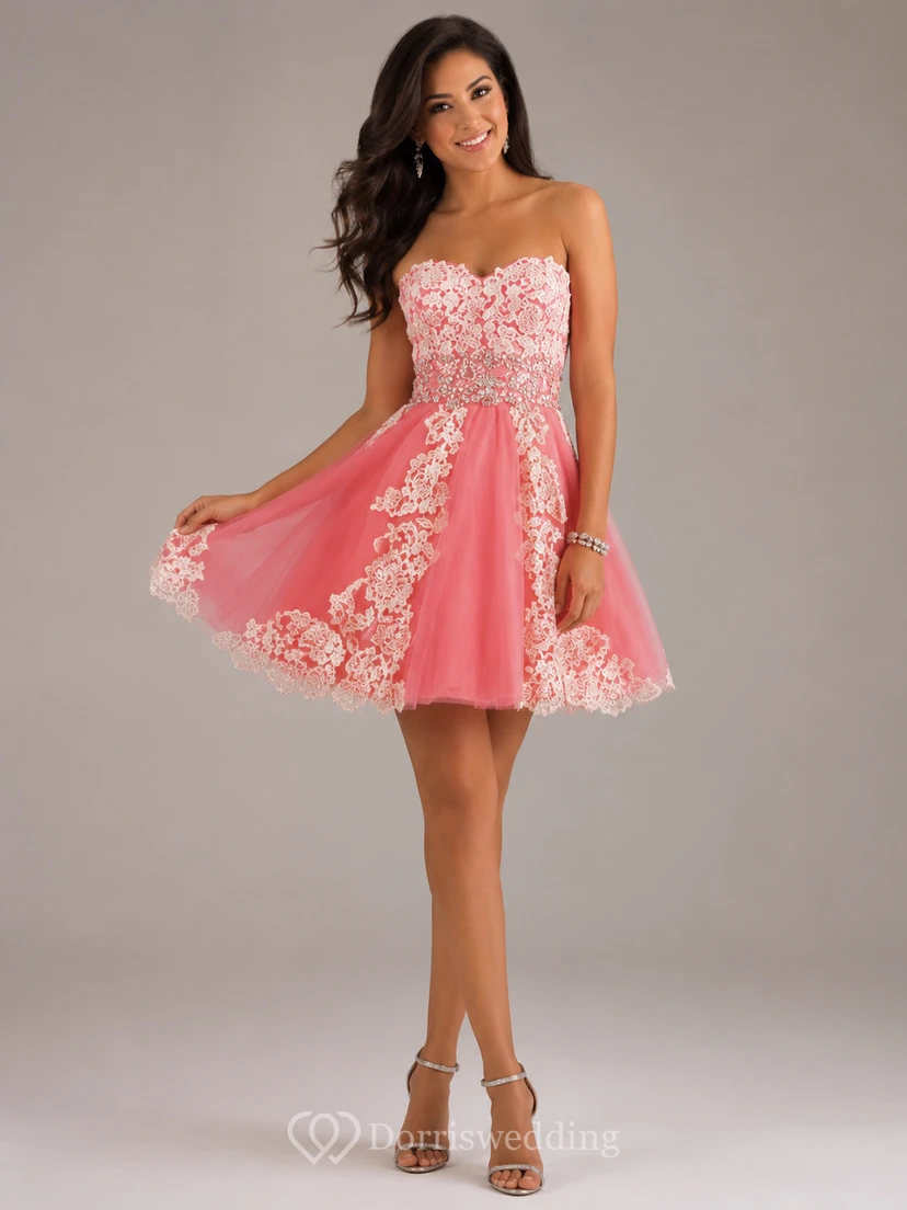 Ärmelloses, kurzes Mini-Abendkleid in A-Linie aus Spitze und Tüll mit Herzausschnitt, offenem Rücken und Reißverschluss view 7