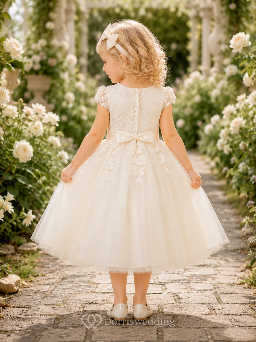 Vestido de niña de flores color marfil, romántico, largo hasta la rodilla, tul, corte en A, corpiño de encaje, mangas cortas, lazo con botones de perlas. view 2