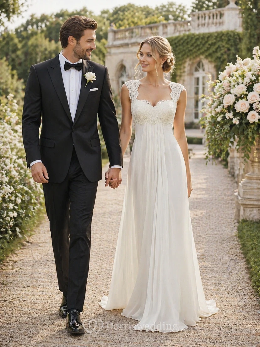 Vestido largo de gasa con escote en forma de ojo de cerradura, mangas cortas y corte en A, con encaje.