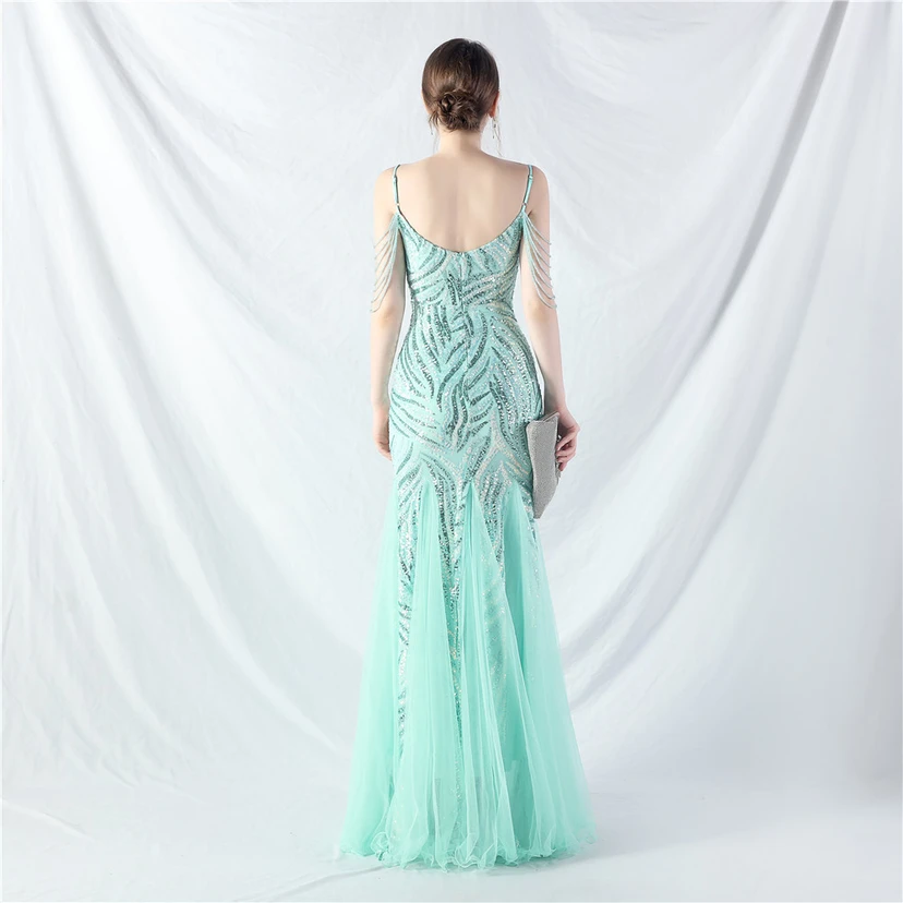 Layered Beads Spliced ​​Mesh High-End Evening Dress view 6