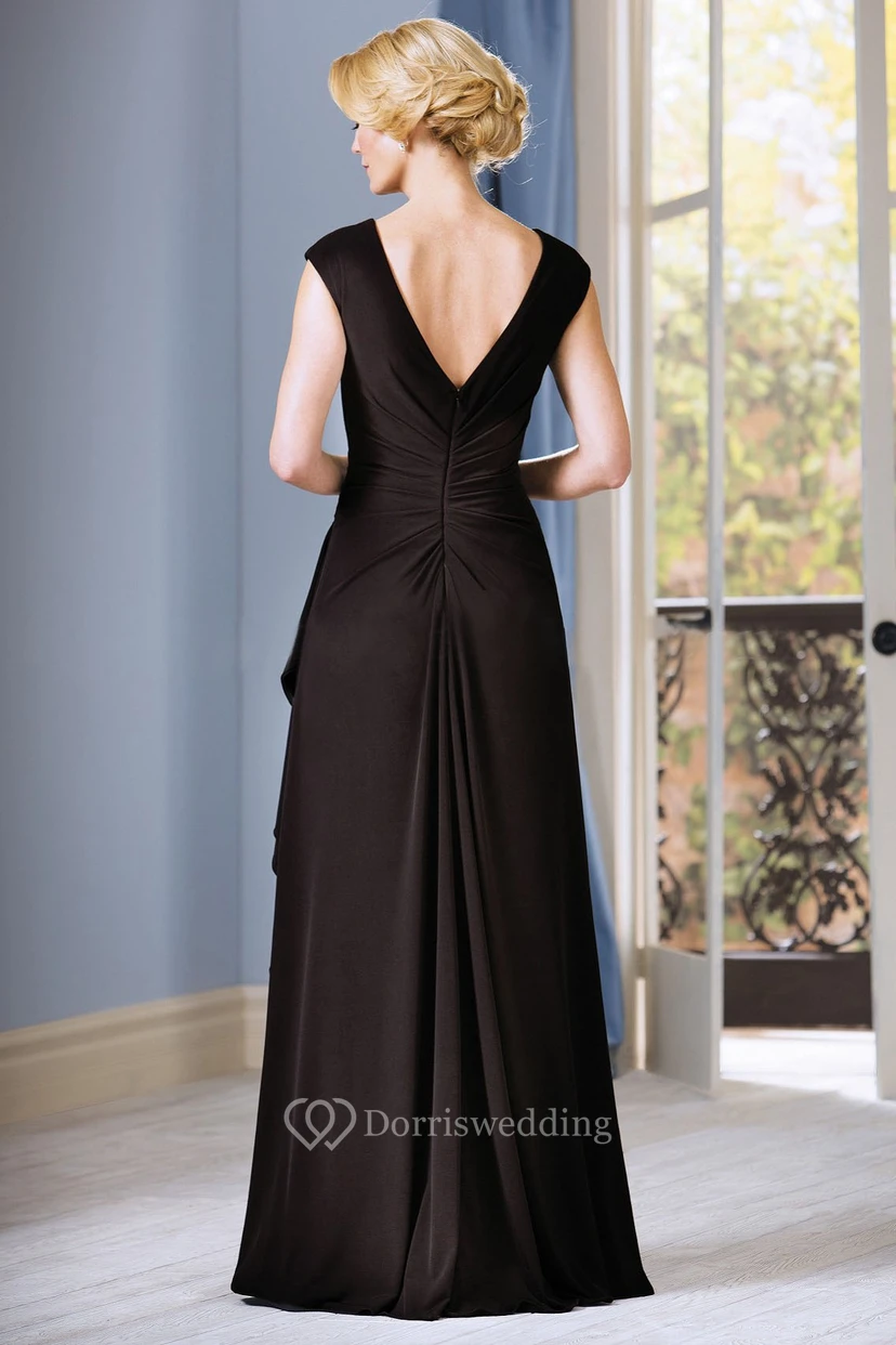 Cap-Sleeved V-Neck Long Mother Of The Bride Dress With Ruffles And Beadings view 2