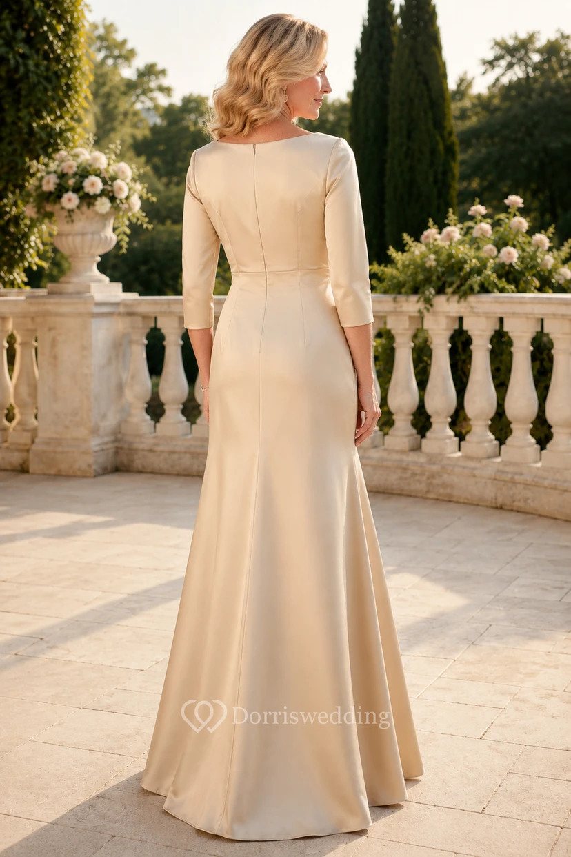 Champagne Long Sleeve Satin Sheath Mother Dress view 2