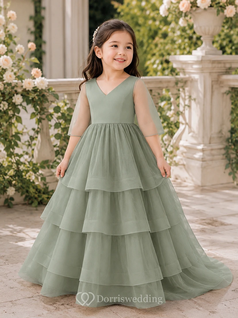 V-neck Illusion Half-sleeve Tiered A-line Flowergirl Dress with Sweep Train view 4