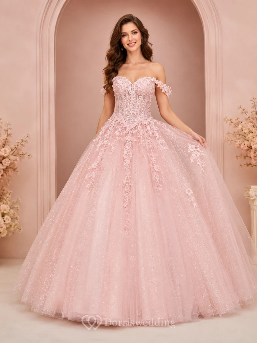 Vestido de gala Rose Debut Blush, largo hasta el suelo, con hombros descubiertos y manga corta, de tul, de lujo para quinceañeras.