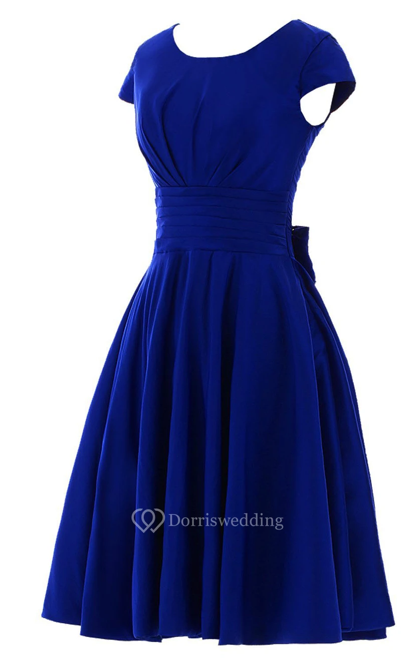 Short Sleeve Ruched Sash Midi-length Pleated Chiffon Dress view 4