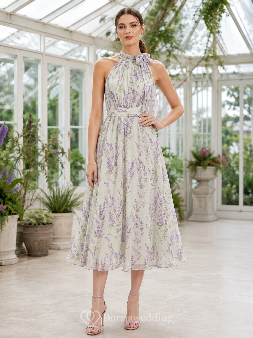 Lavender Field Print Halter Neck Garden Midi Dress