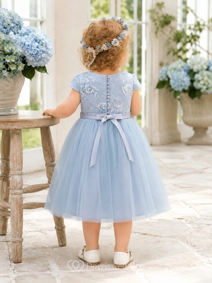 Dusty Blue Flower Girl Dress Tea-Length A-Line Cap Sleeve Floral Embroidered Tulle Button Bow view 2
