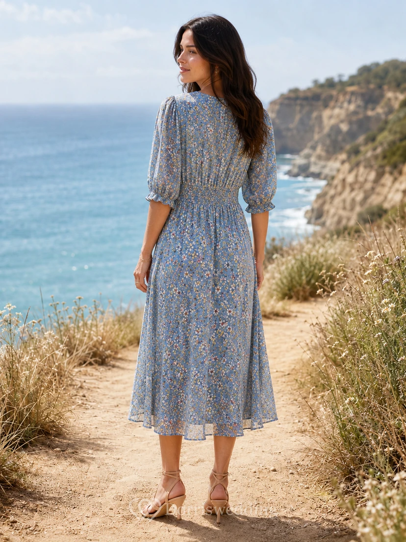 Blue Wildflower Print V-Neck Three Quarter Sleeve Midi Dress view 2