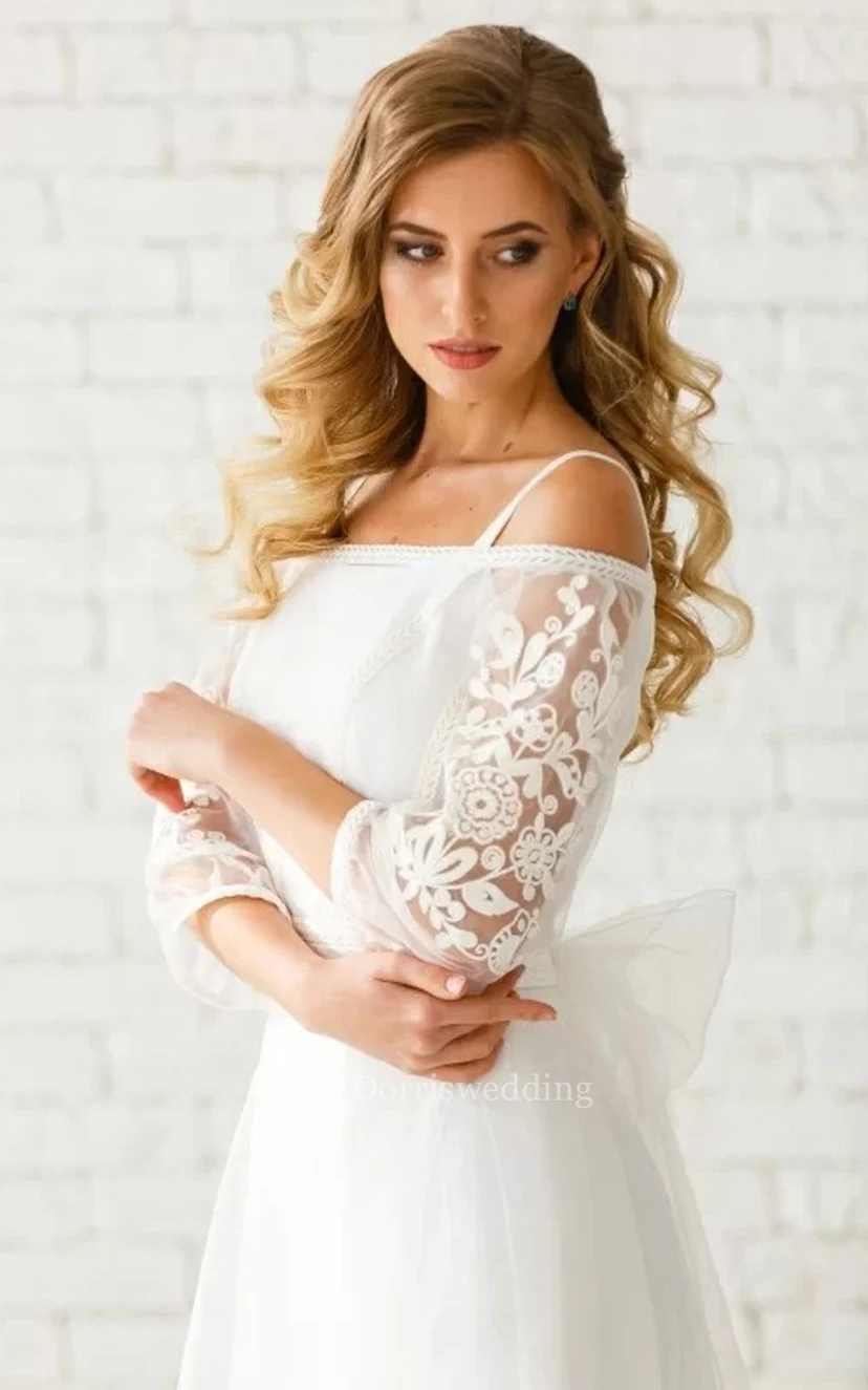 Ätherisches A-Linien-Brautkleid aus Tüll, bodenlang, mit 3/4-Ärmeln, Reißverschluss und Applikationen view 3