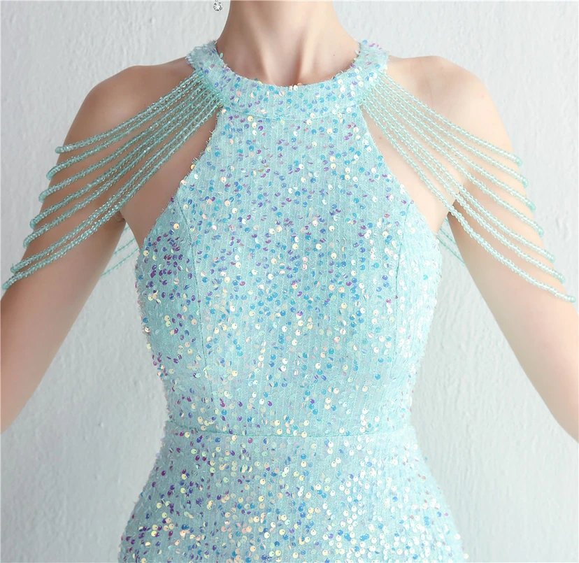 Heavy-Duty Glass Bead Craft Beaded Banquet Evening Dress Temperament Elegant Long Halter Neck Slit Sequins view 8