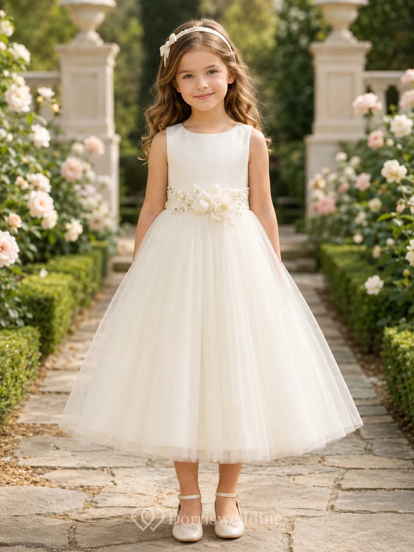 Blumenmädchenkleid aus elfenbeinfarbenem Tüllsatin, A-Linie, Rundhalsausschnitt, Teelänge