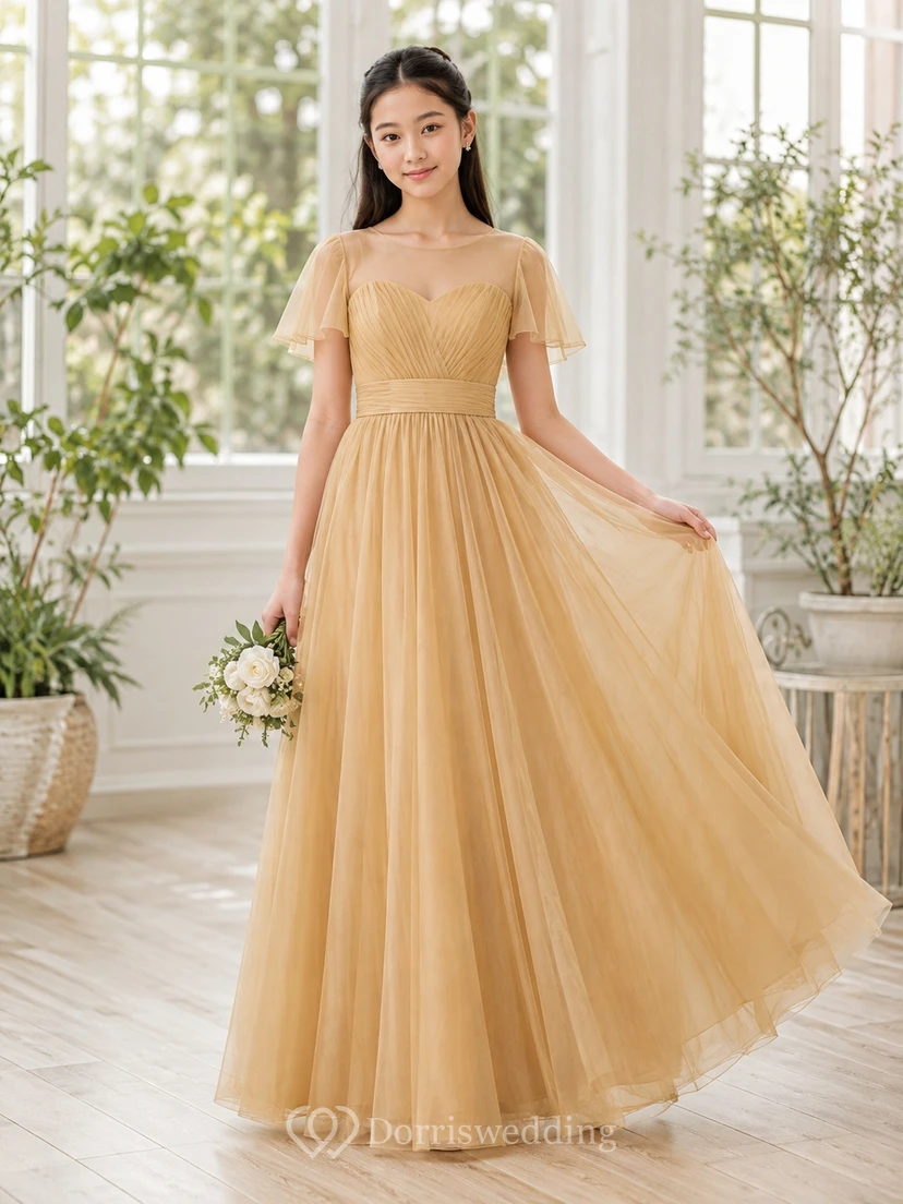 Goldenes Brautjungfernkleid für junge Mädchen, A-Linie, eckig, kurze Ärmel, plissiert, romantisch