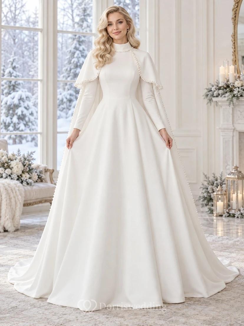 Vestido de novia de corte A con capa corta de perlas, cuello alto y manga larga, estilo modesto, ideal para invierno.