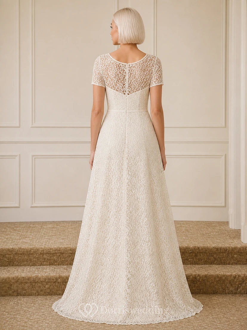 Schlichtes Vintage-Hochzeitskleid aus Spitze mit hohem Kragen, kurzen Ärmeln und A-Linie view 2
