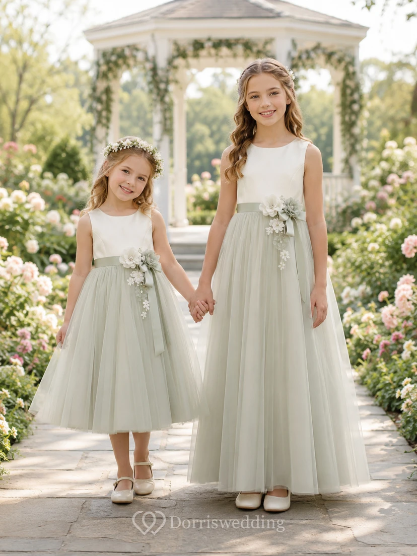 Matching Flower Girl Junior Bridesmaid Dress A-Line Celadon Tulle Sash Formal