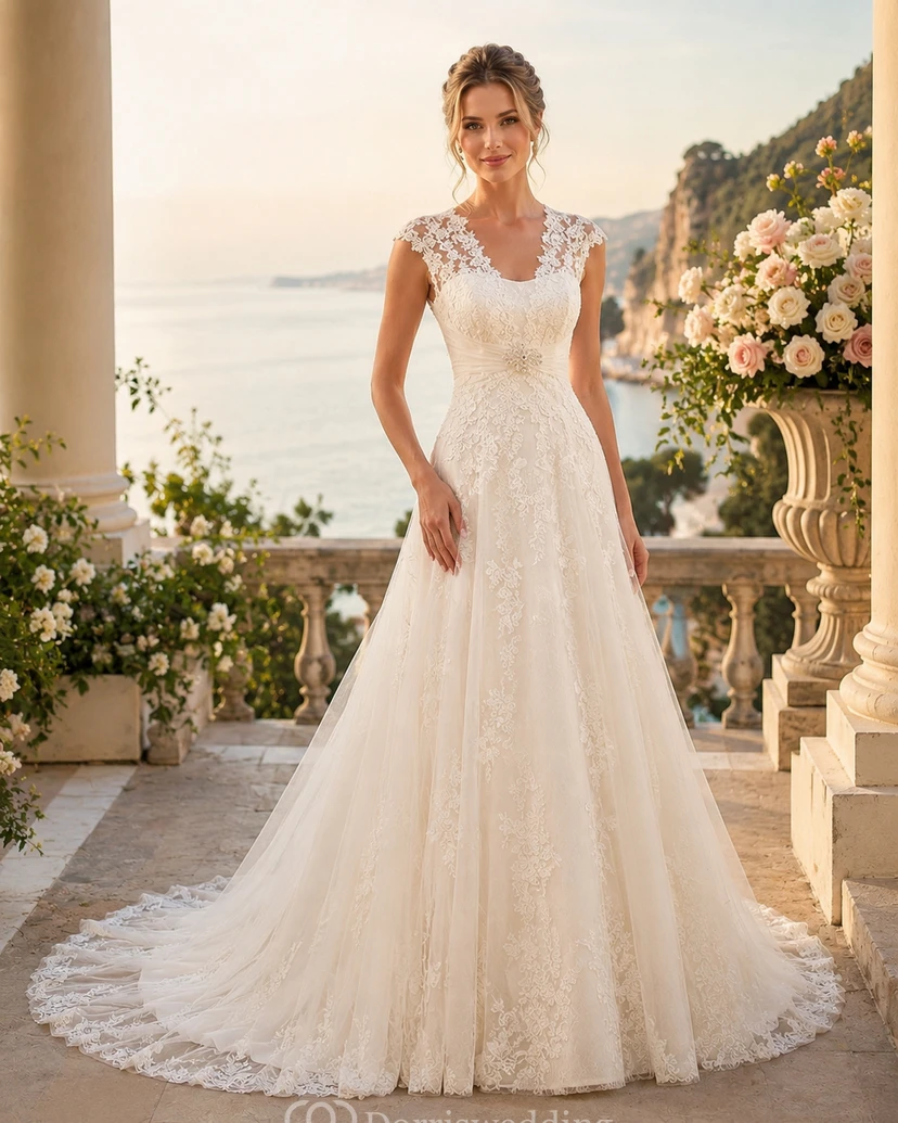 Vestido de novia sin mangas con escote corazón y encaje y cuentas