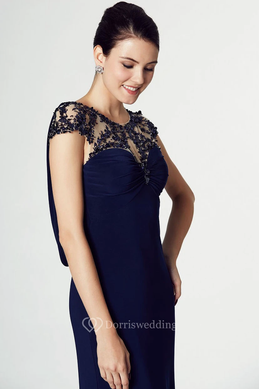 Sheath Cap Sleeve V-Neck Appliqued Jersey Prom Dress With Brush Train view 3