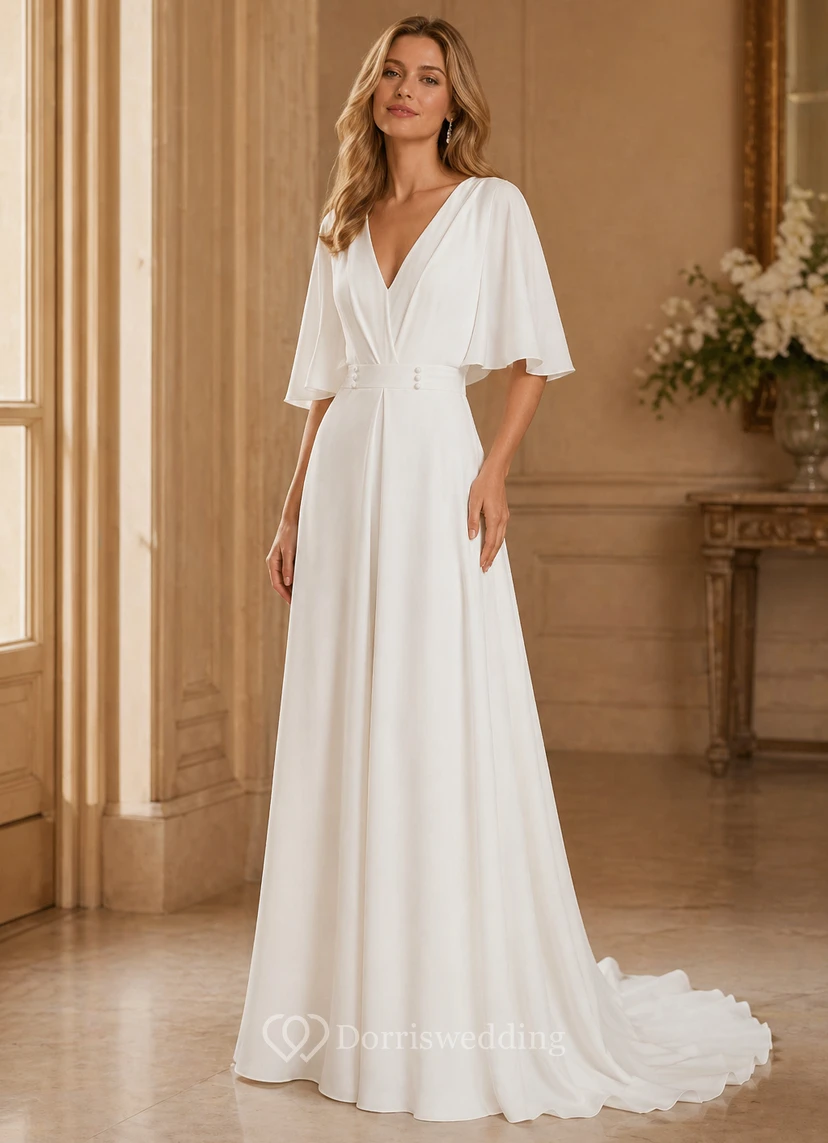 Minimalist White Chiffon Bridal Jumpsuit with V-Neck and Flutter Sleeves