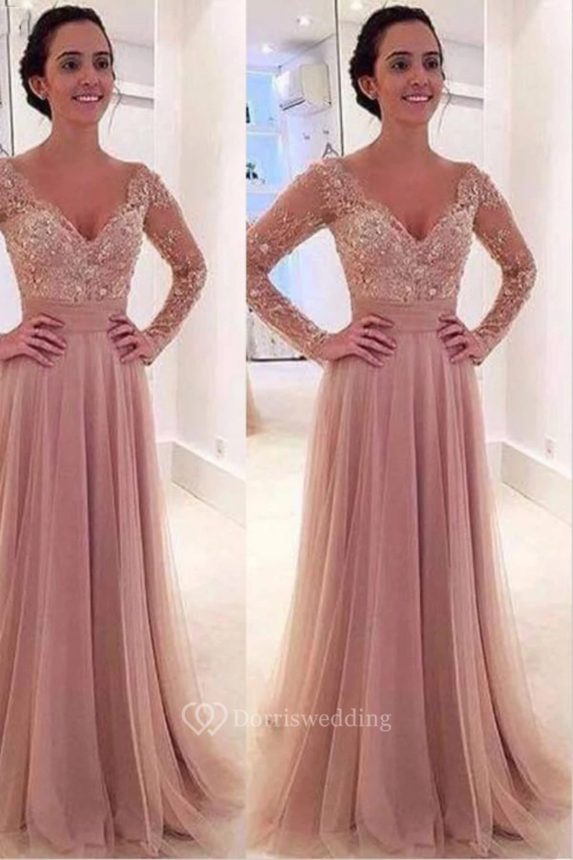 A-Line Satin V-neck Long Sleeve Illusion Low-V Back Dress view 2