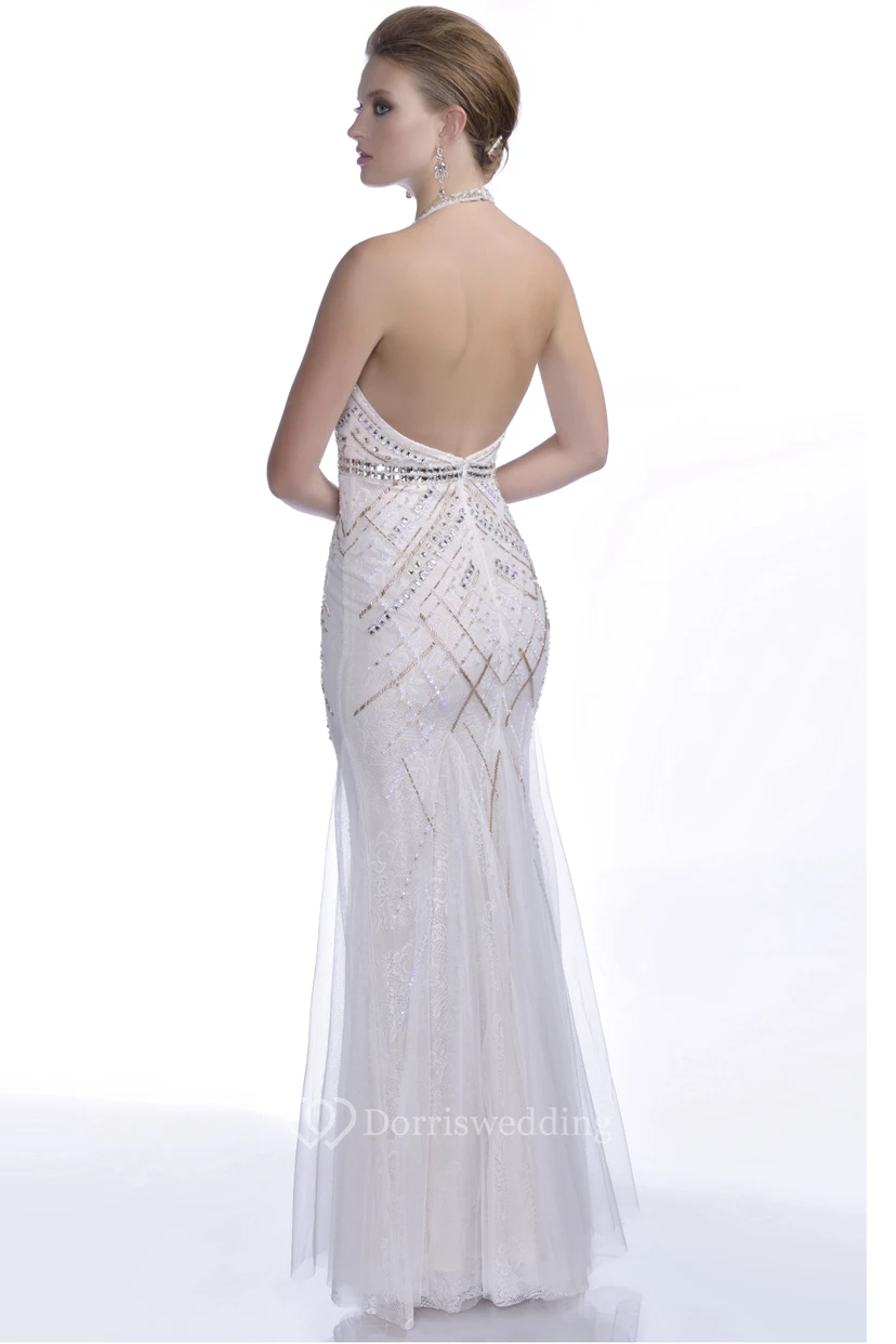 Sheath Sleeveless Tulle Prom Dress With Open Back And Beadings view 2