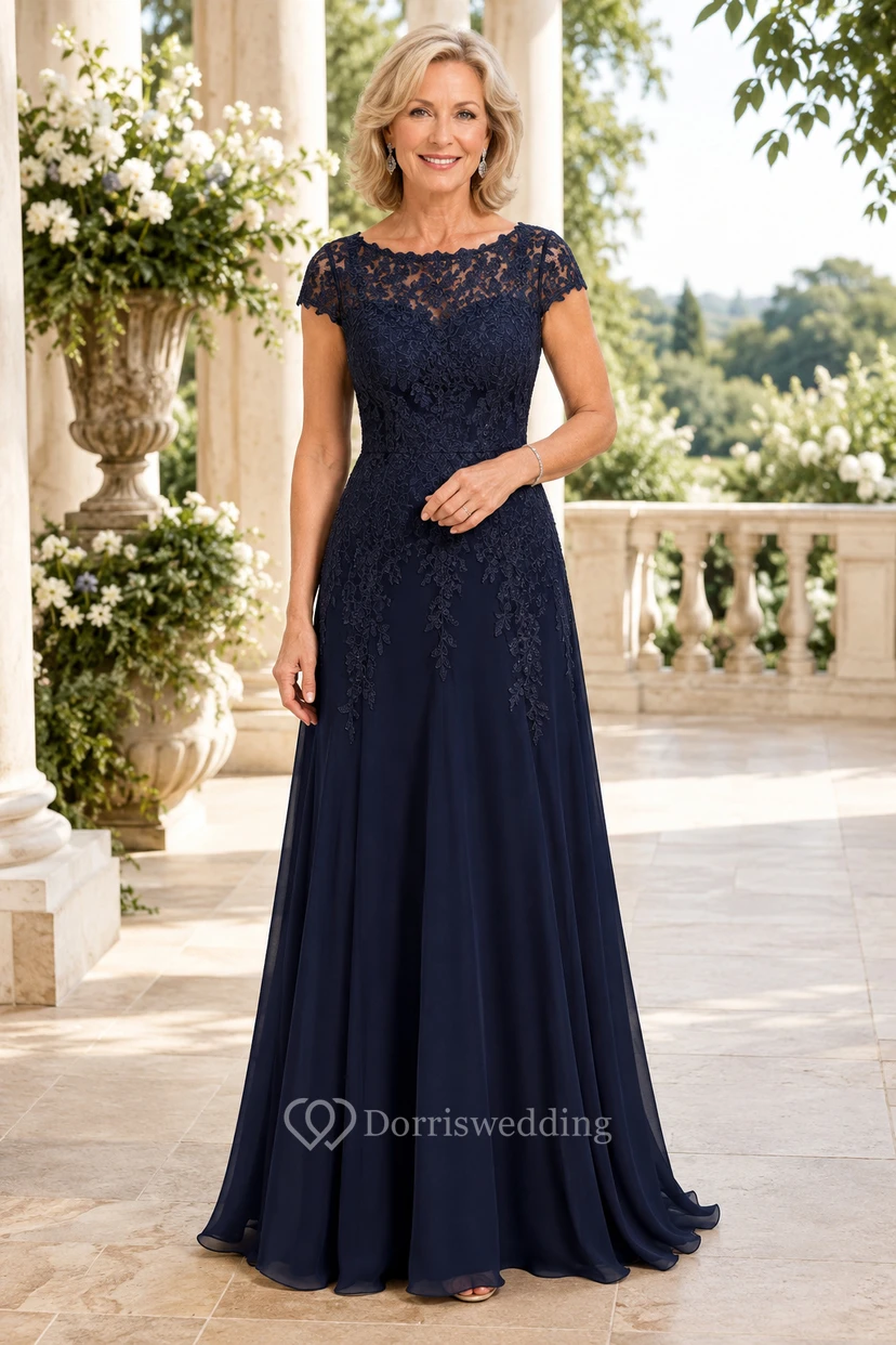 Dunkelblaues, schulterfreies A-Linien-Kleid aus Spitze mit kurzen Ärmeln