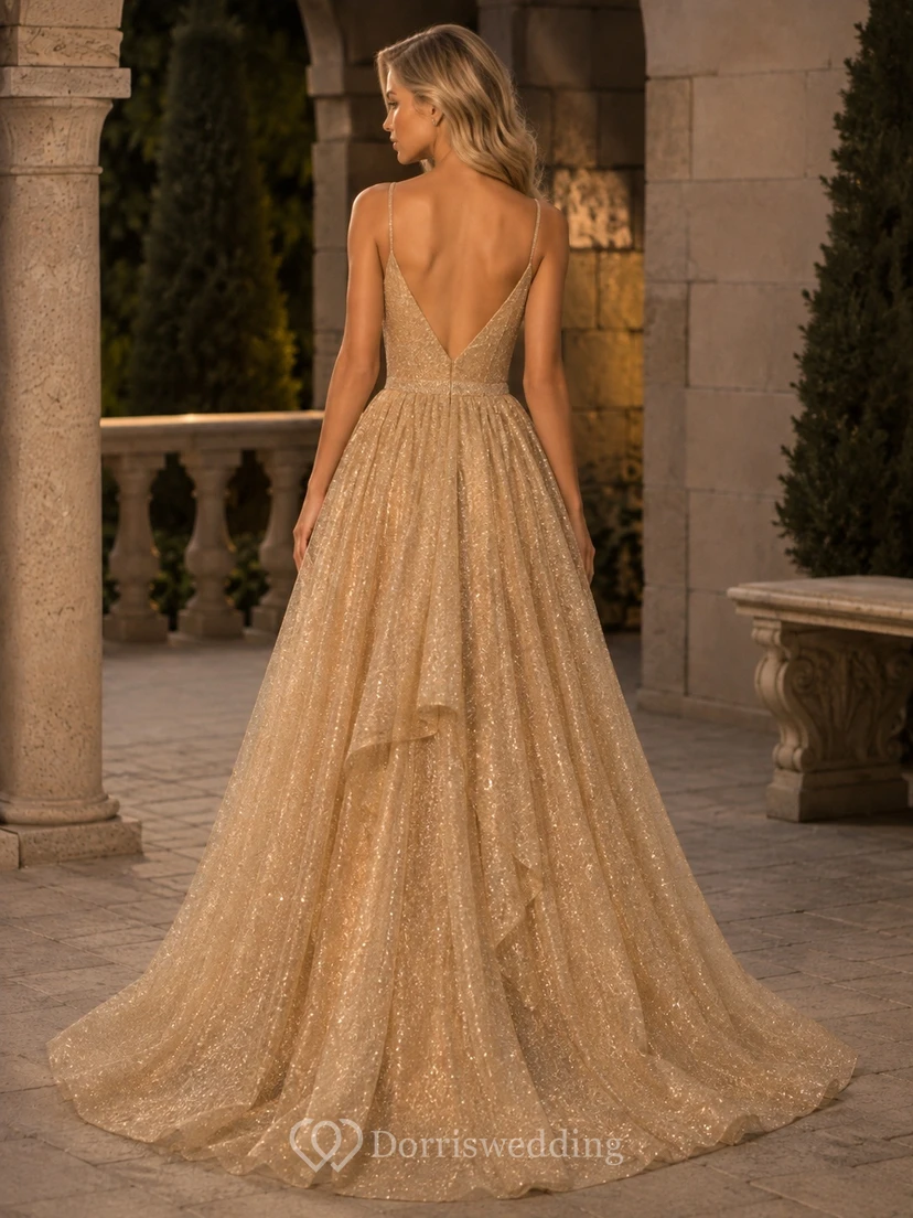 Goldenes Abendkleid, goldener Ballkleid, V-Ausschnitt, Tüll, ärmellos, bodenlang, Luxuskleid view 2