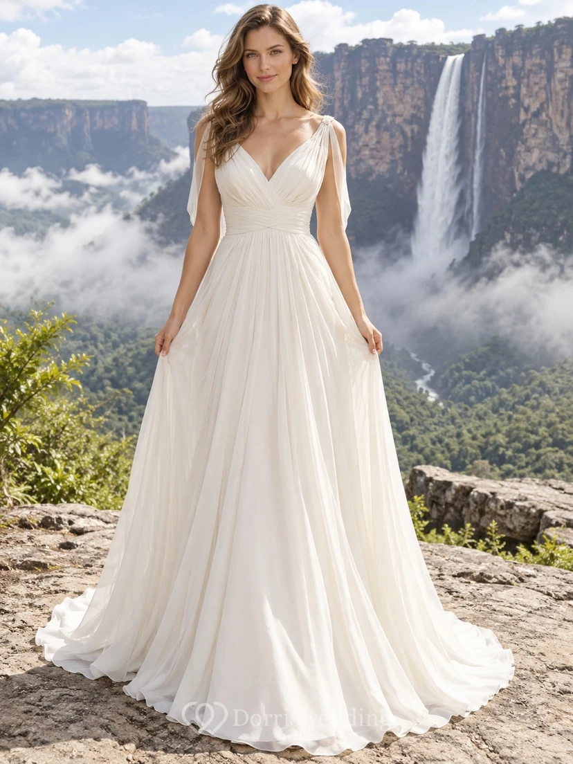 Vestido de novia de gasa con escote en V, tirantes drapeados y falda amplia en línea A.