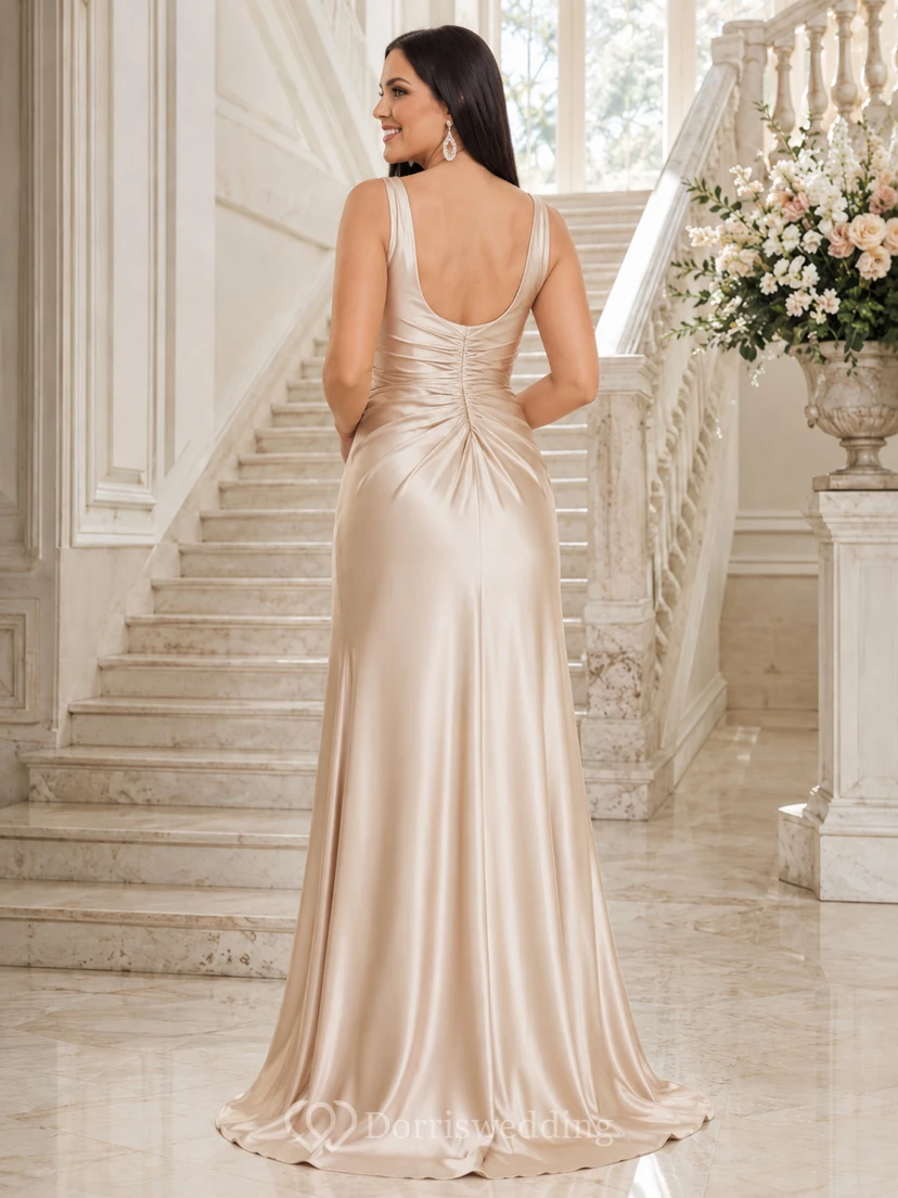 Satinkleid mit Wasserfallausschnitt, champagnerfarbenem Schnitt, bodenlang, ärmellos, sexy und elegant – ein perfektes Abendkleid für Prominente. view 2