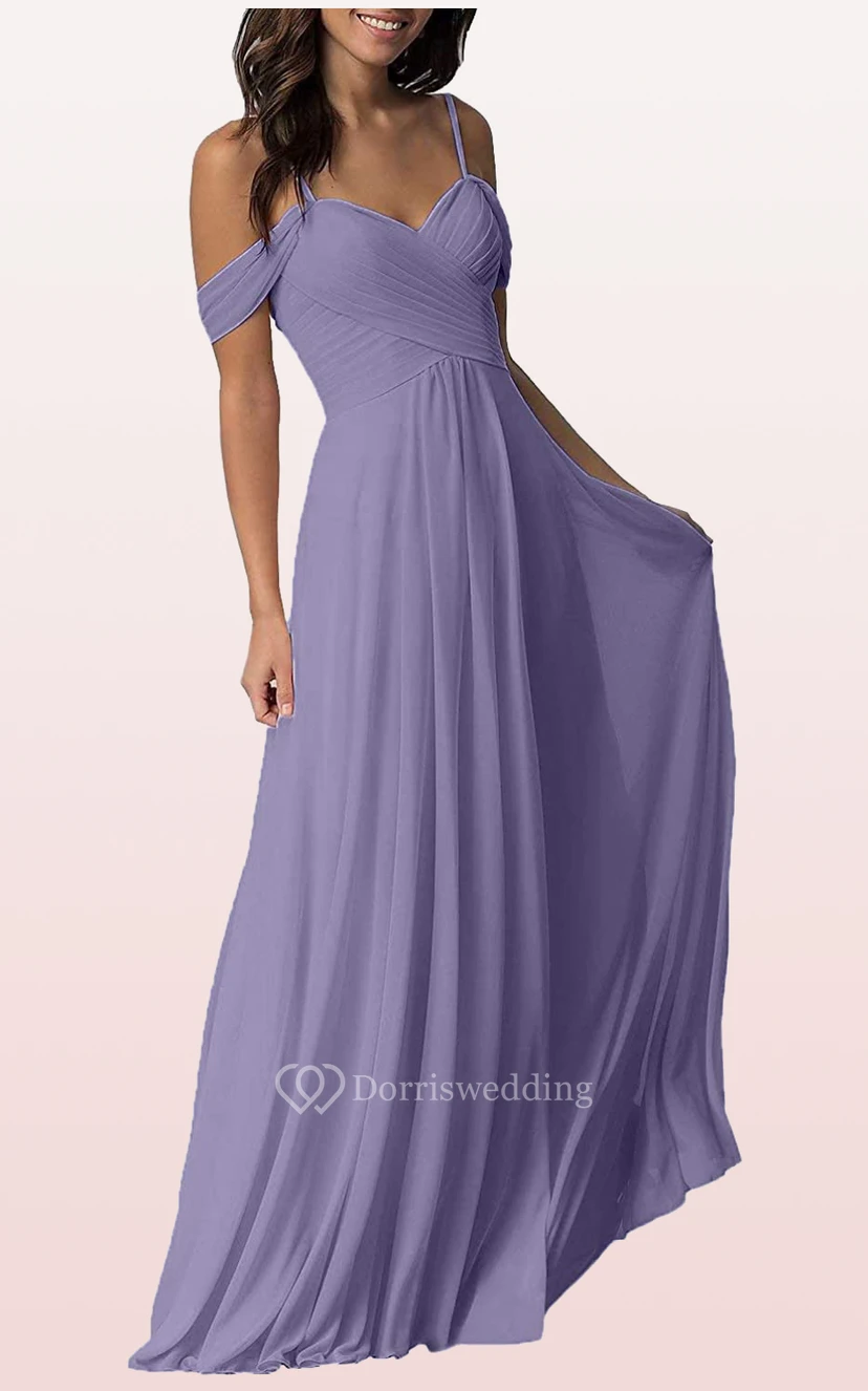 Off-the-shoulder A Line Sleeveless Floor-length Chiffon Bridesmaid Dress With Ruching view 13