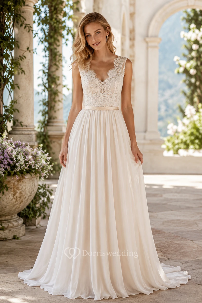 Robe de mariée en mousseline sans manches à col en V avec corsage et traîne. view 2