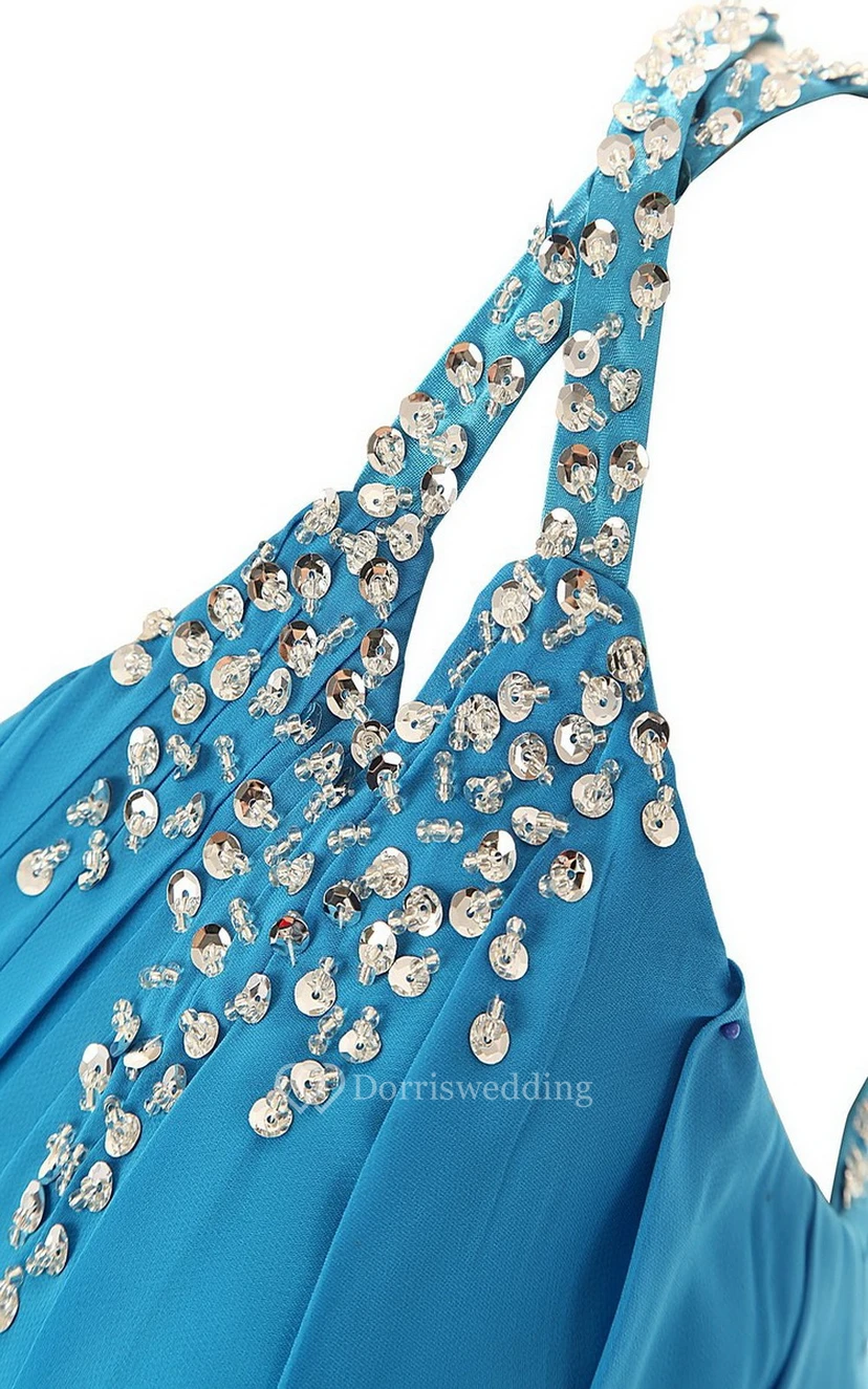 One-shoulder Ruffled Gown With Beadings and Sweep Train view 4